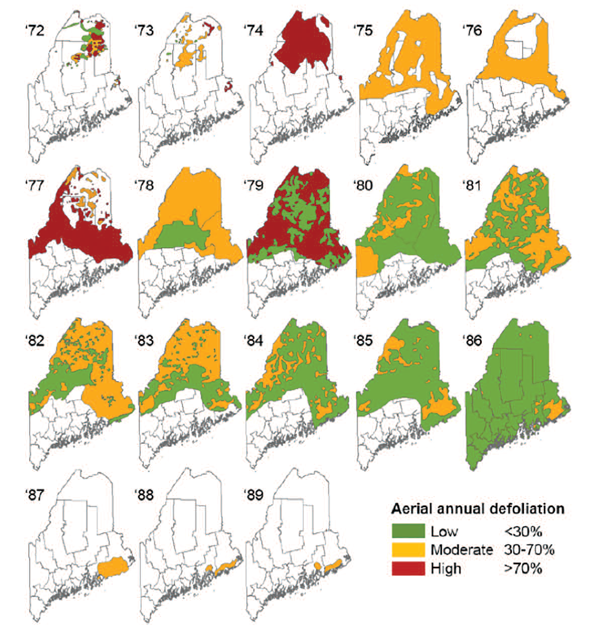 Compilation of SBW defoliation maps from the Maine Forest Service from 1972 to 1989.
