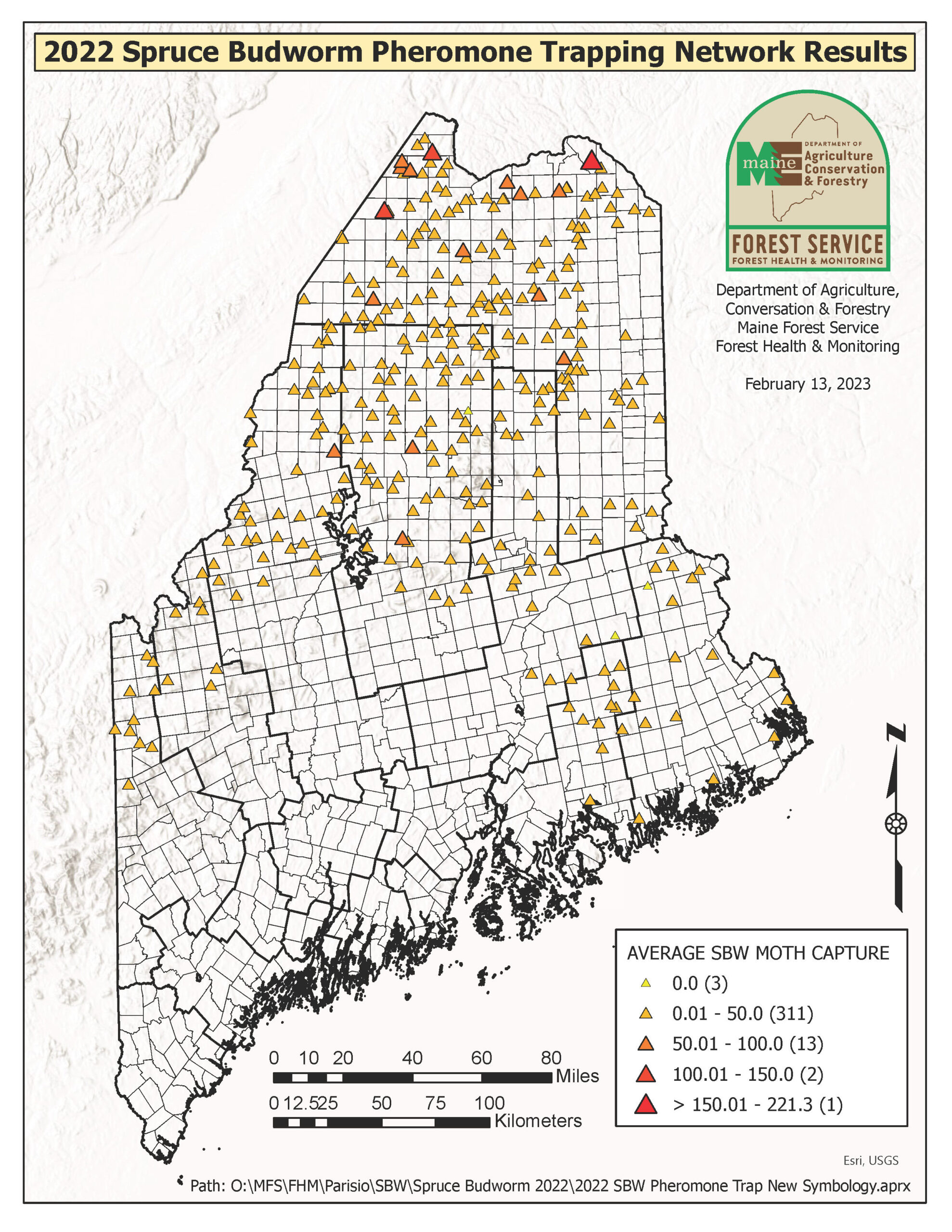 Map of spruce budworm moths caught in pheromone traps in 2022